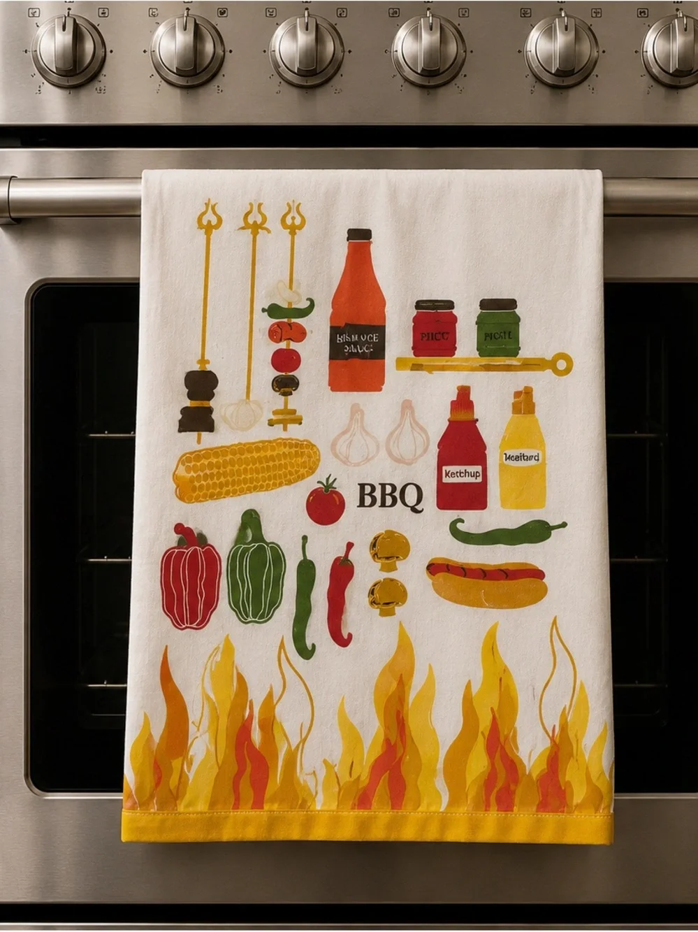 BBQ-Themed Kitchen Towel - White with Yellow Accent